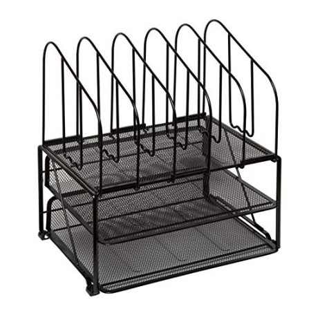 Amtido Organizer da Scrivania a Rete con Cassetto e 5 Divisori - Contenitore Metallico Porta Penne, Documenti, Accessori e Lette