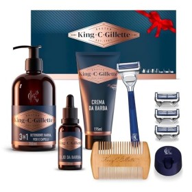 King C. Gillette Kit Regalo da Uomo: Rasoio per il Collo + 3 Lamette + Gel Trasparente per la Rasatura + Detergente Barba e Viso