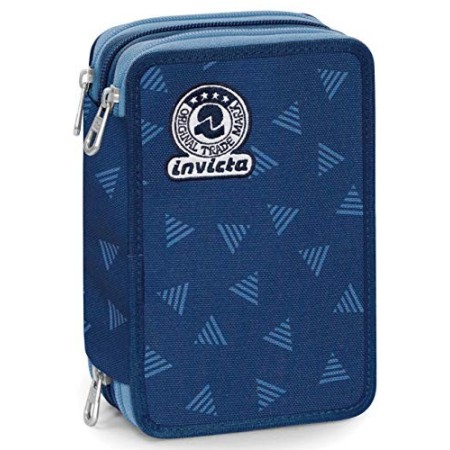 Astuccio 3 Zip Invicta Triangle, Blu, Con materiale scolastico: 18 pennarelli Giotto Turbo Color, 18 matite Giotto Laccato…