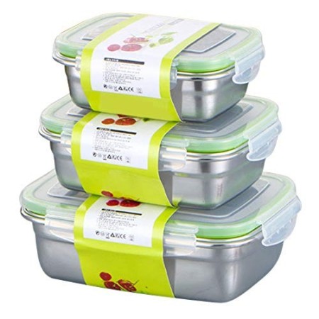 Confezione da 3 contenitori per alimenti con coperchio, in acciaio inox, ermetici, a prova di perdite, con chiusura a scatto