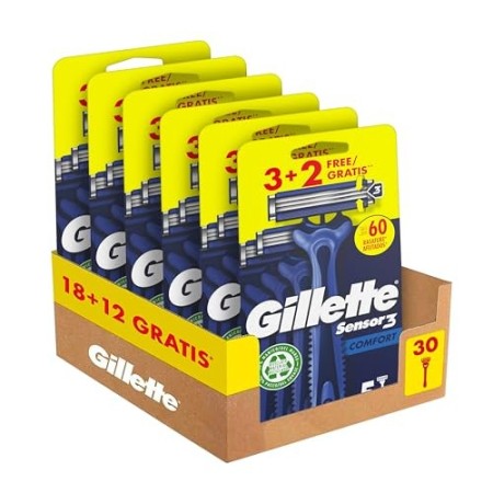 Gillette Sensor3 Confort 30 Rasoi Usa e Getta, Maxi Formato da 18 + 12 Pezzi