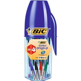 BIC Cristal Original Pennea Sfera Punta Media (1.0 mm), Colori Assortiti, Barattolo da 16 + 4, Confezione Regalo