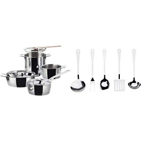 Alessi Pots&Pans AJM100S7 Batteria Set di Pentole di Design, Acciaio, Inox, Fondo Magnetico, 7 Unità & AJM19S5 L Set di Mestoli