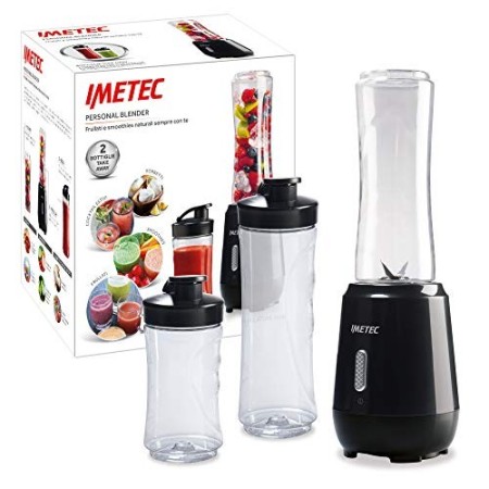 Imetec Personal e Sport Blender PB 100 Mini Frullatore con 2 Bottiglie Take-Away in Tritan e 4 Lame in Acciaio Inox, 46 Decibel,
