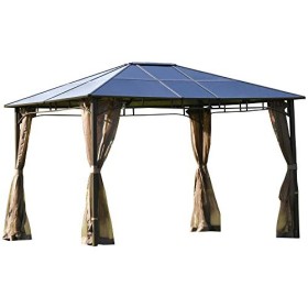 Outsunny Gazebo da Giardino con Zanzariera 3.6x3m, Struttura Acciaio e Alluminio, Tetto Policarbonato Marrone