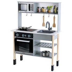 Theo Klein 7199 Cucina Miele in legno bianca, piano di cottura con suono e luce, Accessori da cucina in acciaio inossidabile e l
