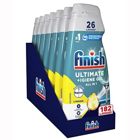 Finish Quantum +Igiene Gel Detersivo per Lavastoviglie Liquido con Potere di Napisan, Multiazione, Limone, 182 Lavaggi, 7 Confez