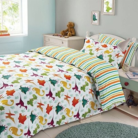 Dreamscene - Set di Copripiumino e Federa per Bambini, Reversibile, con Motivo a Strisce e a Dinosauri, per Letto Singolo