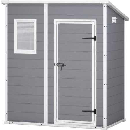 Keter Manor Pent 6X4 Casetta da Giardino in Resina, Colore Grigia, Ottima Per Riporre Attrezzi, Bici, Mobili da Giardino e Acces