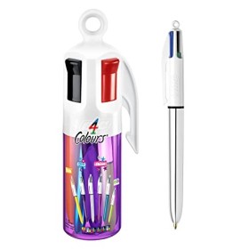 BIC 4 Colori Penne a Sfera a Scatto, Punta Media (1.00 mm), Barattolo Viola da 6 Penne Assortite, Confezione Regalo