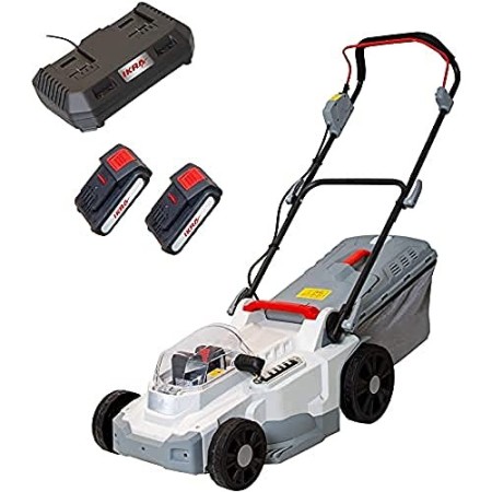 IKRA 77010300 Tosaerba ICM 2/2037, incl. 2 batterie e Doppio Dispositivo di Carica Rapida, 40 V, Grigio/Rosso/Nero