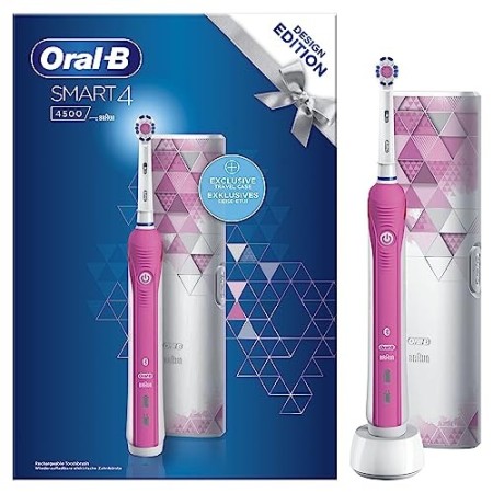 Oral-B Design Edition Smart 4-4500 Spazzolino Elettrico Ricaricabile, 1 Spazzolino Rosa Connesso con Bluetooth, 1 Testina, 1 Cus