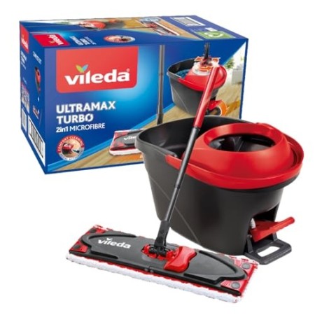 Vileda Ultramat Turbo Sistema Lavapavimenti con Secchio, Strizzatore e Piastra, con 1 Panno in Microfibra, Nero/Rosso
