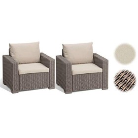 Keter California Set 2 Poltrone in Rattan, Set di 2 Divanetti con Cuscino Incluso Color Cappuccino