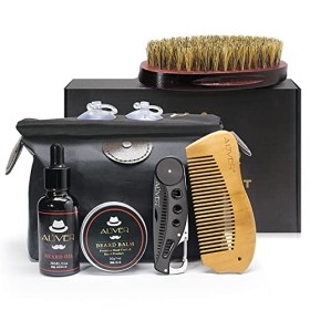 Kit per la cura della barba, 6 PC con olio biologico per barba, bavaglino, spazzola, pettine, cera per burro balsamo per barba p