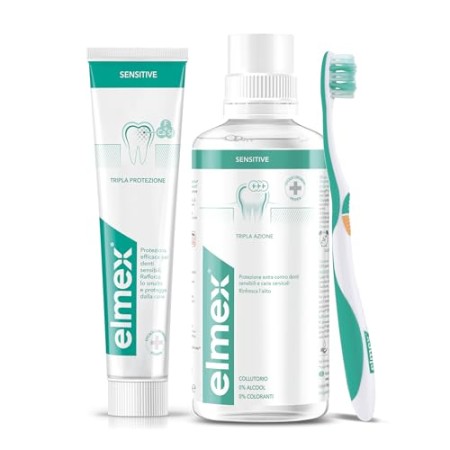 elmex Kit Sensitive Denti Sensibili 3in1 Dentifricio, Spazzolino e Collutorio, 24h di Protezione per Denti Sensibili