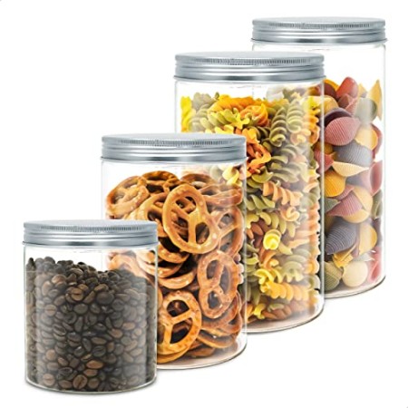Luxury & Grace Pack 4 Barattoli di Polietilene Alimentare, 0,70 L - 1,1 L - 1,3 L e 1,5 L. Contenitori con Coperchi in Alluminio