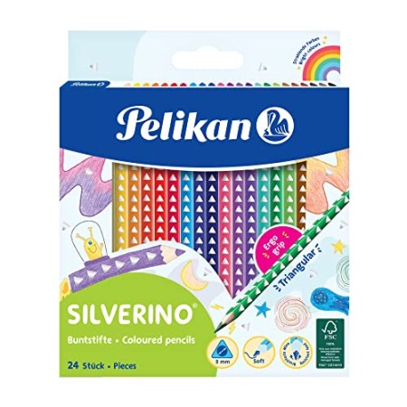 Pelikan 700665 Matite Colorate per Bambini, 24 Colori Silverino, Scorta Scuola, Forma Triangolare Ergonomica, Diametro Spessore 