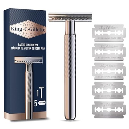 King C. Gillette Rasoio di Sicurezza Uomo + 5 Lamette di Ricarica a Doppio Taglio e Rivestite in Platino