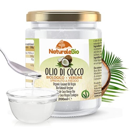 Olio di Cocco Biologico Extra Vergine 200 ml. Crudo e Spremuto a Freddo. 100% Organico, Naturale e Puro. Bio Nativo e non Raffin