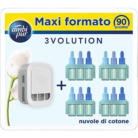 Ambi Pur Profumatore per Ambienti 3Volution Nuvole di Cotone Mega Starter Pack con Diffusore Elettrico 21 ml, 4 Ricariche con 3 