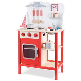 New Classic Toys- New Toys-11055-Cucina Classic Rosso Giocattolo in Legno accessoriata per Bambini Educazione Tavola Divertiment