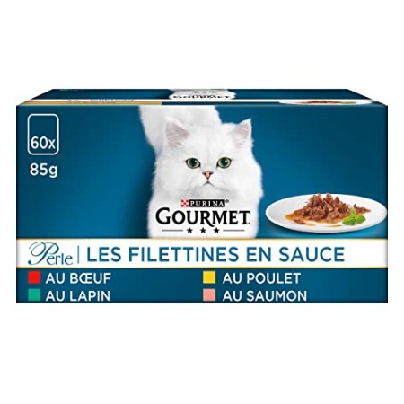 Purina Gourmet, Perle, pregiato cibo per gatti, filettini di carne di pollo, manzo, salmone e coniglio, cibo umido di alta quali
