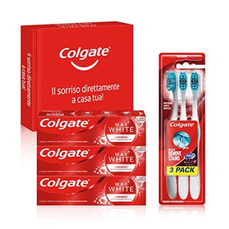Colgate Kit Sbiancante con 3 Dentifrici Colgate Max White Luminous Sbiancante 75 ml e lo Spazzolino Colgate 360 Max White One