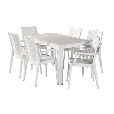 Dimaplast2000 AMZ001 Set Garden Top Tavolo e 6 Poltrone in Resina Effetto Rattan da Giardino, Bianco, 140x80x72 cm