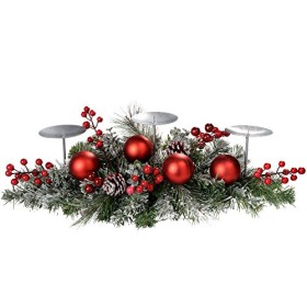 eRChristmas, Portacandele natalizio, decorazione con aghi di abete, pigne, bacche e palline, effetto innevato, 52 cm