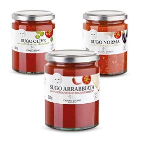 CAMPO D'ORO Set 3 Pezzi SUGO PRONTO 300 GR. ALL'ARRABBIATA con Formaggio Ragusano - NORMA con Ricotta Salata - OLIVE Nocellara d