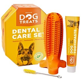 Natural Dog Treats Spazzolino de Denti e Dentifricio Set per Cani, Pulizia Dentale 100% Naturale Gomma Giocattolo da Masticare