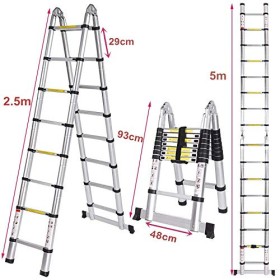 Meditool 5M Scala Telescopica Scala alluminio pieghevole(2.5M+2.5M),Scala Scaletta Allungabile Scala multiuso 16 gradini,Capacit