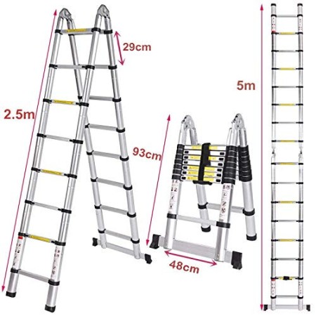 Meditool 5M Scala Telescopica Scala alluminio pieghevole(2.5M+2.5M),Scala Scaletta Allungabile Scala multiuso 16 gradini,Capacit