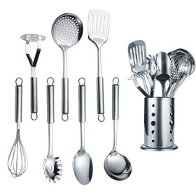 Berglander Utensile da cucina in acciaio inox 7 pezzi con 1 supporto, accordatore intagliato, mestolo, schiumarola, cucchiaio da