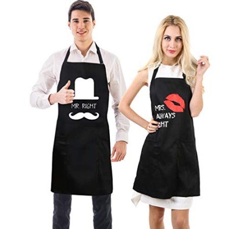 Uarter Divertente da cucina Grembiuli per le coppie "Mr. Right Mrs. sempre ragione" con 2 tasche Nero Grande, confezione da 2