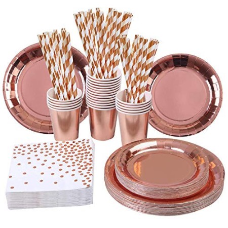 NOGJKS 170 Pezzi Articoli per la tavola di Compleanno , Piatti, Tazze, cannucce, tovaglioli, Tema Rosa e Forniture per Feste di 