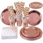 NOGJKS 170 Pezzi Articoli per la tavola di Compleanno , Piatti, Tazze, cannucce, tovaglioli, Tema Rosa e Forniture per Feste di 