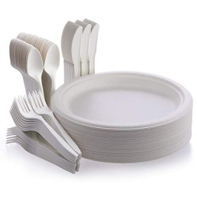 Fuyit Piatti Biodegradabili, Set di 200 Posate e Piatti Carta con 50 Piatti, 50 Forchette, 50 Coltelli e 50 Cucchiai per Feste, 