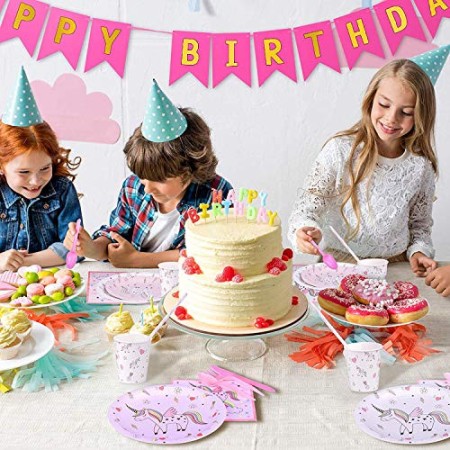 Amycute 98 Pezzi Stoviglie per Feste di Compleanno di Unicorno, Unicorno Piatti, Tovaglioli, Bicchieri, Cannucce, Coltelli, Forc