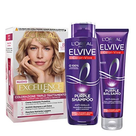 L'Oréal Paris Kit Cura & Colore Capelli Biondo, Box con Tinta Capelli Excellence Biondo Chiaro 8, Shampoo e Balsamo Anti-Giallo