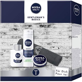 Nivea Men Gentlemans Basics, set regalo con balsamo dopobarba, schiuma da barba, crema e asciugamano, set da rasatura per uomo c