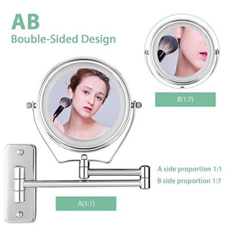 BATHWA Specchio da Parete per Bagno, Specchio per Trucco LED Specchio Cosmetico Pieghevole, Removibile Retrattile Bifacciale Spe