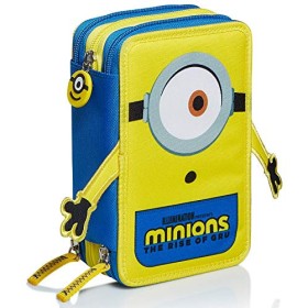 Astuccio 3 Scomparti Minions, The Rise of Gru, Giallo e Blu, Portapenne con Contenuto per la Scuola