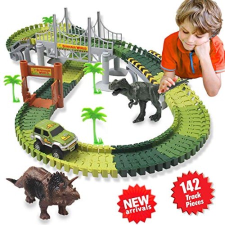 Kit Giocattolo Dinosauro Giurassico Mondiale e 142 Piste Flessibili Contiene 2 Dinosauri,1 Veicolo Militare,4 Alberi,2 Slope Ped