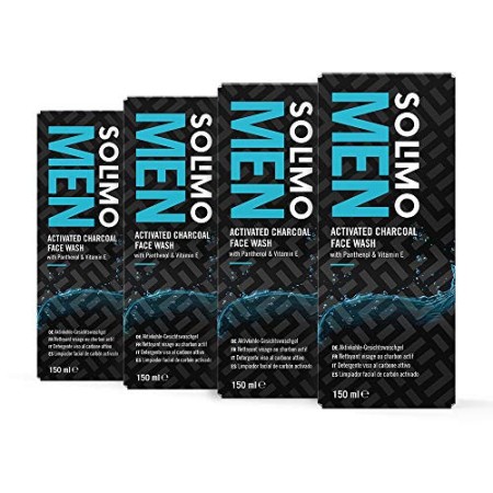 Marchio Amazon - Solimo Uomo detergente viso al carbone attivo con pantenolo e vitamina E, 4x150ml