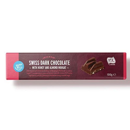 Marchio Amazon - Happy Belly Cioccolato fondente svizzero con torrone al miele ed alle mandorle 100g x 15