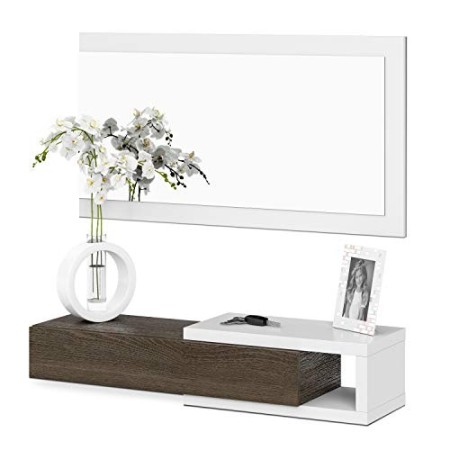Habitdesign 0E6743BO – Mobili da Ingresso con cassetto e Specchio, mobili d'ingresso Modello Noon, Rifinito in Bianco Brillant