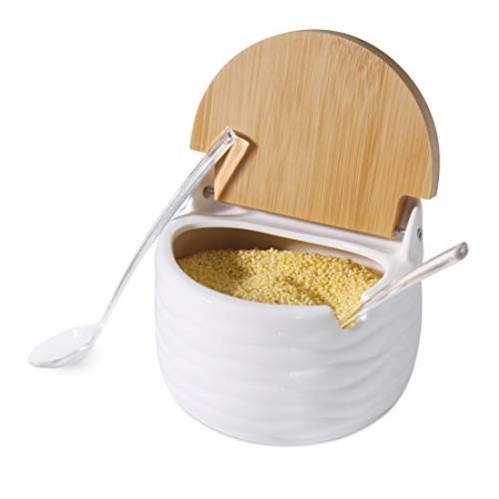 77L Zuccheriera, 250 ML (8.52 FL OZ) Zuccheriera con Cucchiaino da Zucchero e Coperchio in Bambù per Casa e Cucina, Servire per
