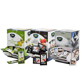 Gaia - Mix Di Condimenti Monodose: 102 Bustine Di Olio Extra Vergine - 198 Bustine Di Aceto Balsamico - 500 Bustine Di Sale Ioda